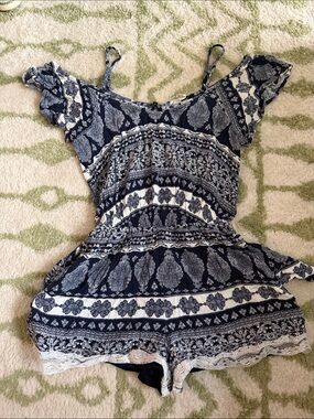 Women’s Bohemian Navy & White Off-Shoulder Printed Romper